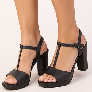 Calvin Klein Black T-Strap Platform Block Heels